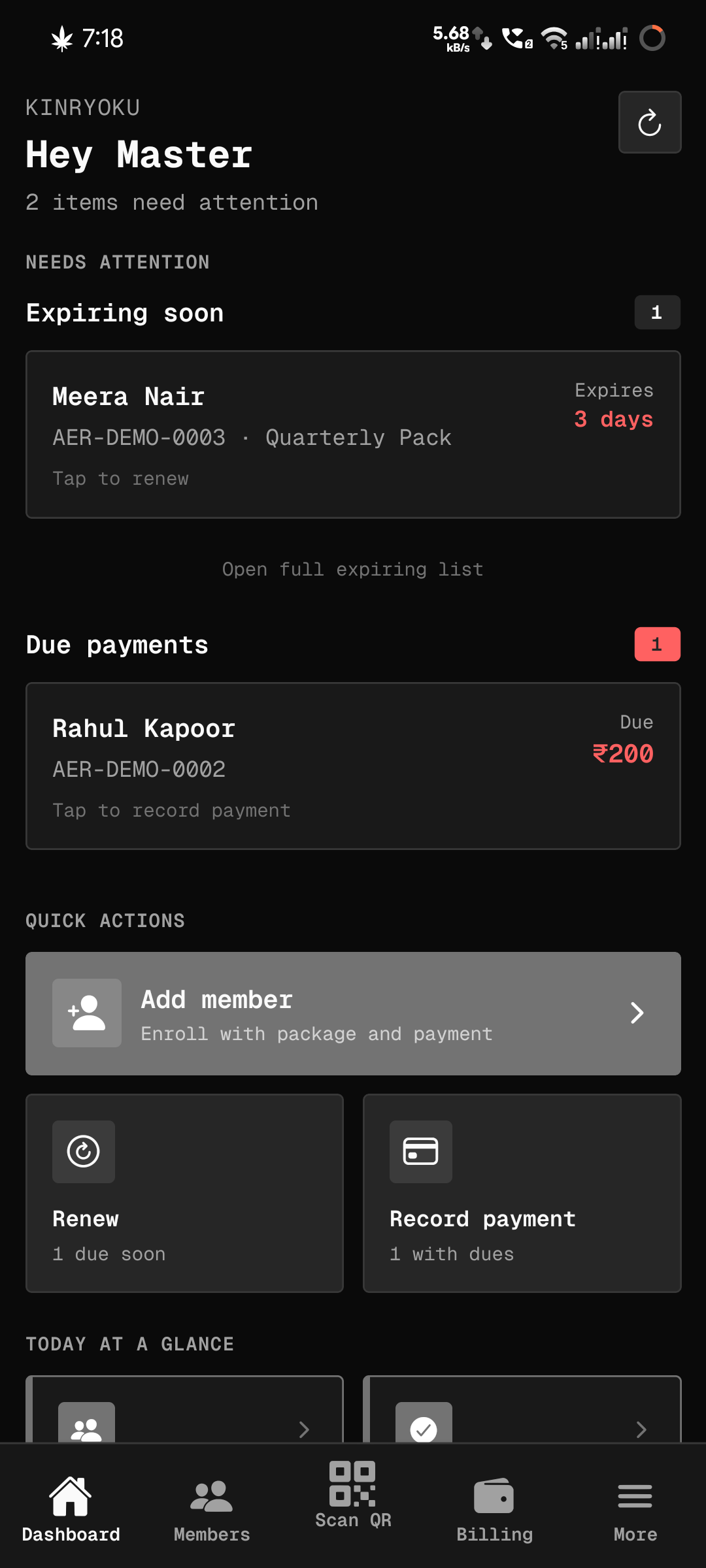 Admin dashboard with dues and expiring alerts