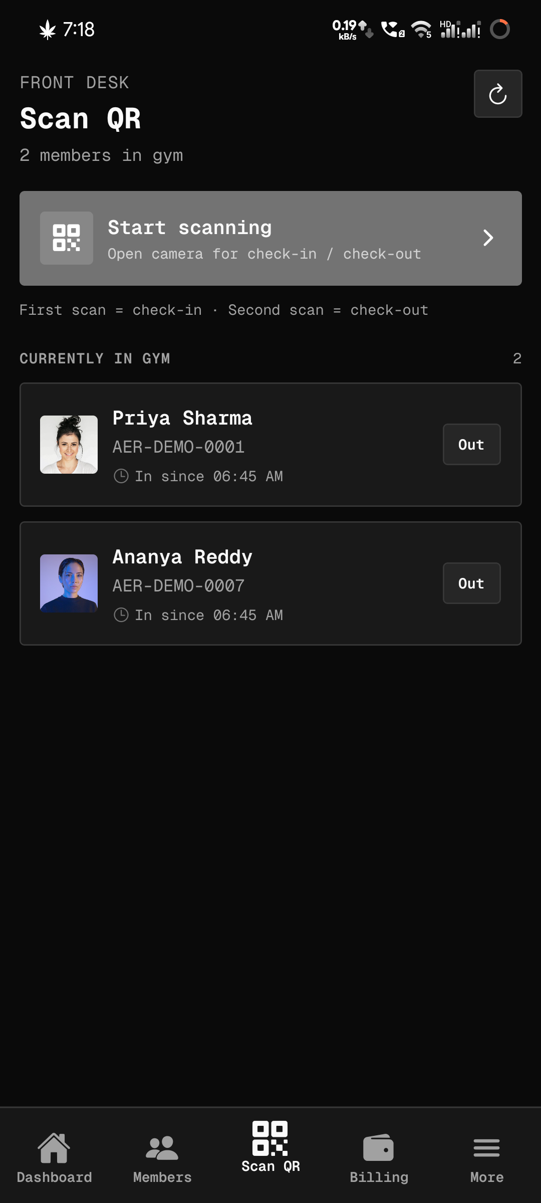 QR scanner and in-gym list