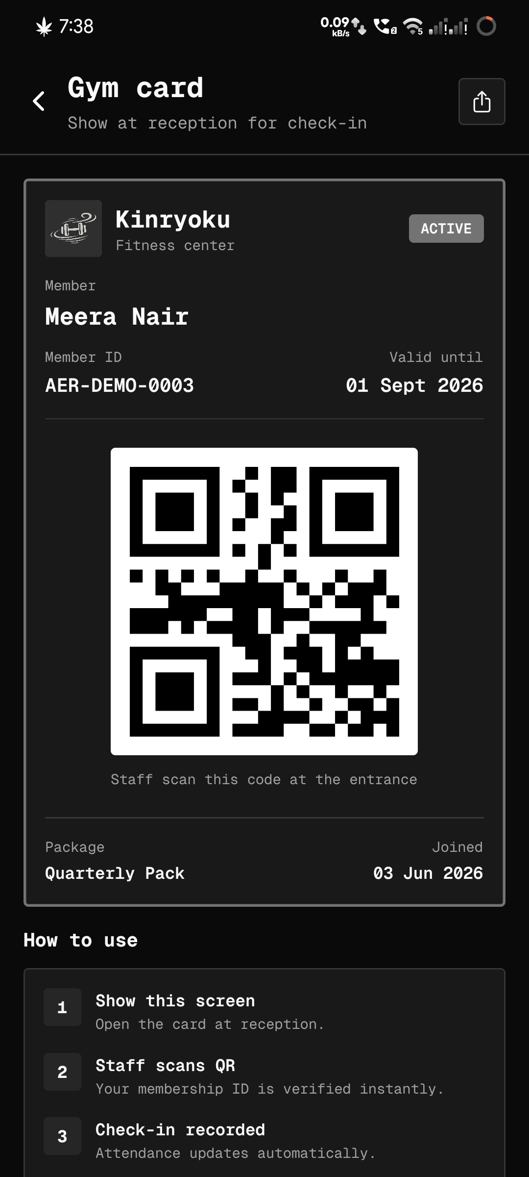 Digital gym card with QR
