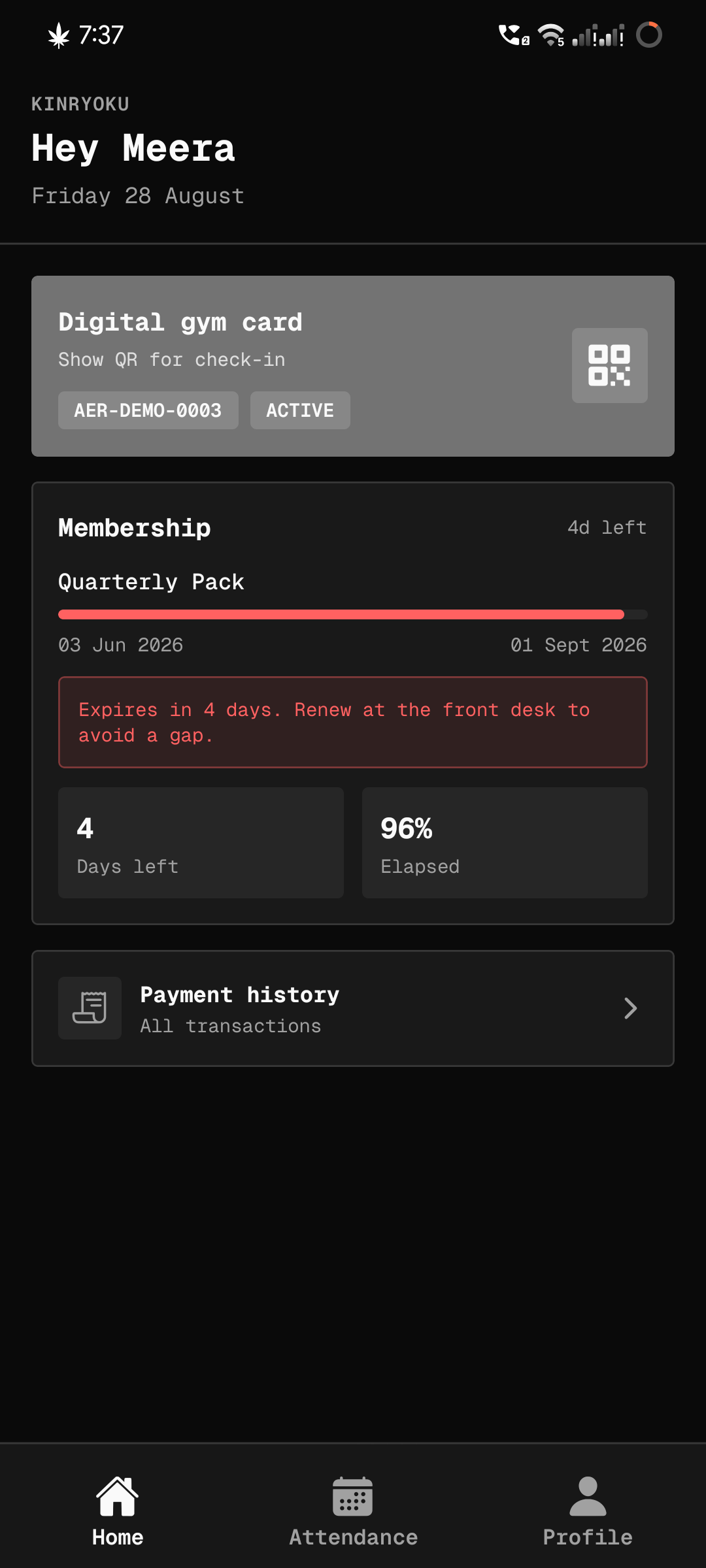 Member app home screen